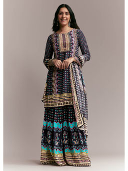 KALKI FASHION - Women Navy Blue Floral Kurta with Sharara and Dupatta