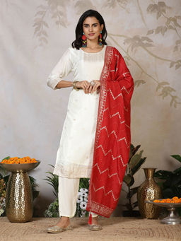 MEENA BAZAAR - Women Cream Woven Kurta with Pant and Dupatta