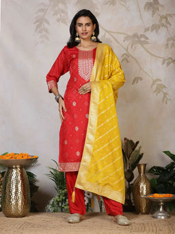 MEENA BAZAAR - Women Red Woven Kurta with Pant and Dupatta
