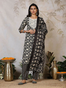 MEENA BAZAAR - Women Black Floral Kurta with Pant and Dupatta