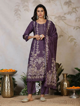 MEENA BAZAAR - Women Purple Floral Kurta with Pant and Dupatta