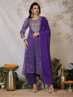 MEENA BAZAAR - Women Purple Embellished/Sequined Kurta with Pant and Dupatta