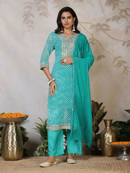 MEENA BAZAAR - Women Blue Embellished/Sequined Kurta with Pant and Dupatta