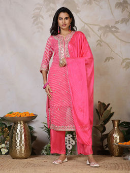MEENA BAZAAR - Women Pink Embellished/Sequined Kurta with Pant and Dupatta