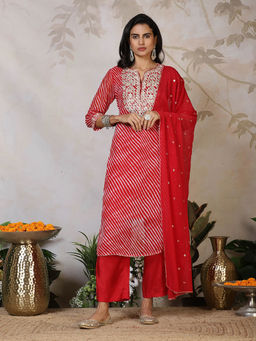 MEENA BAZAAR - Women Red Embellished/Sequined Kurta with Pant and Dupatta