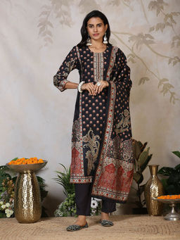 MEENA BAZAAR - Women Black Floral Kurta with Pant and Dupatta