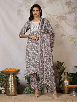 MEENA BAZAAR - Women Grey Floral Kurta with Pant and Dupatta