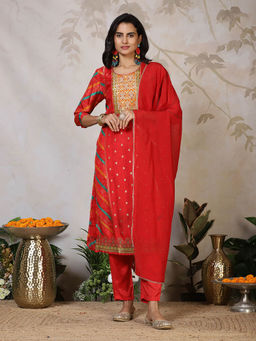 MEENA BAZAAR - Women Red Embroidered Kurta with Pant and Dupatta