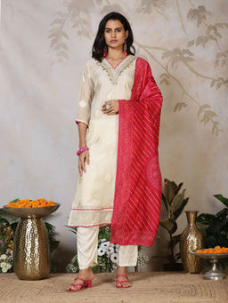 MEENA BAZAAR - Women Beige Embroidered Kurta with Pant and Dupatta