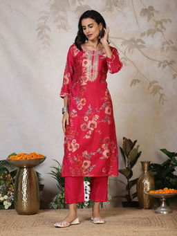MEENA BAZAAR - Women Pink Floral Kurta with Pant
