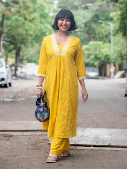 Suta - Women Yellow Embroidered Kurta with Pant