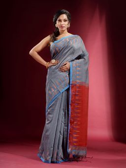 CHARUKRITI - Grey with Temple and Floral Zari Pattern Saree with Unstitched Blouse