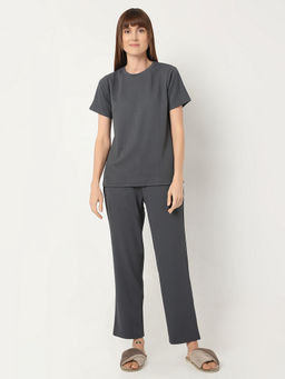 Smarty Pants - Cotton Dark Grey Color Round Neck Night Suit Set Of 2