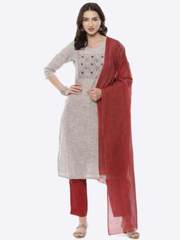 Biba - Red Cotton Unstitched Suit Set (Set of 3)