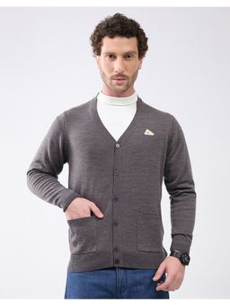 Monte Carlo - Men Regular Fit V Neck Full Sleeve Solid Grey Cardigan