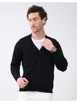 Monte Carlo - Men Regular Fit V Neck Full Sleeve Solid Black Cardigan