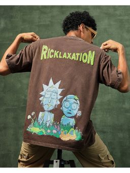 Bewakoof - Men's Brown Stoned Rick & Morty Graphic Printed Oversized Acid Wash T-shirt