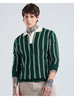 Bewakoof - Men Green Striped Oversized Polo Sweater