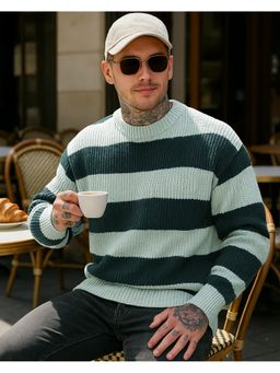 Bewakoof - Men Green Striped Oversized Sweater