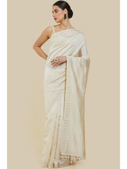 Soch - Women Off White Silk Embellished & Sequined Saree with Unstitched Blouse