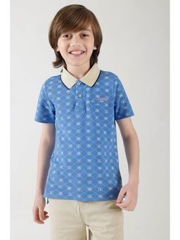 One Friday - Boys Blue Regular Fit Half Sleeve Printed Polo T-shirt