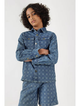 One Friday - Boys Blue Full Sleeve Loose Fit Printed Shirt
