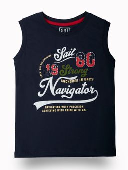 Gini & Jony - Boys Navy Blue Typographic Print Cotton Sando Sleeveless