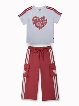 Gini & Jony - Girls Light Red Color Block Cotton Co-Ord Half Sleeves (Set of 2)
