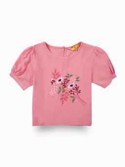 Gini & Jony - Girls Pink Embroidery Cotton Knits Top Half Sleeves