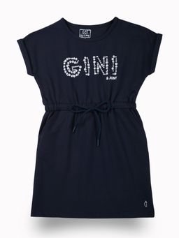 Gini & Jony - Girls Navy Blue Typographic Print Cotton Dress Short Sleeves