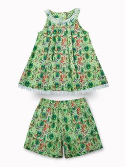 Gini & Jony - Girls Light Green Floral Print Cotton Co-Ord Sleeveless (Set of 2)