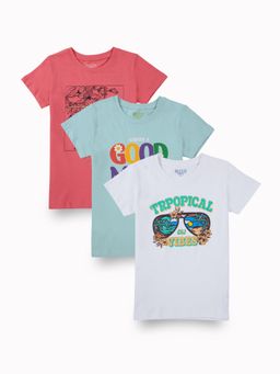 Gini & Jony - Girls Multi Color Graphic Print Cotton Knits T-Shirt (Pack of 3)
