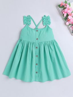 The Magic Wand - Cotton Shoulder Straps with Bow Detail Solid Dress- Green
