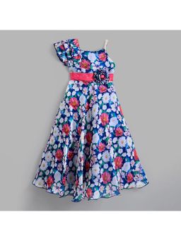 The Magic Wand - Organza One Shoulder With Flower Brooch Party Gown-Blue