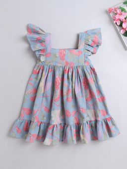 The Magic Wand - Cotton Frill Sleeve Floral Printed Dress - Blue