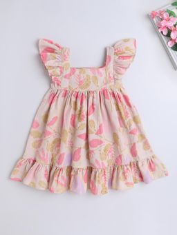 The Magic Wand - Cotton Frill Sleeve Floral Printed Dress - Peach