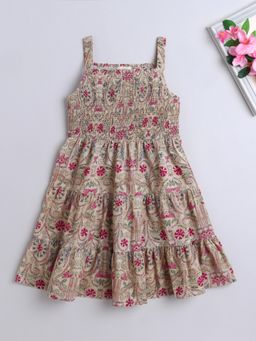 The Magic Wand - Strappy All over Printed Smocked Cotton Dress- Beige