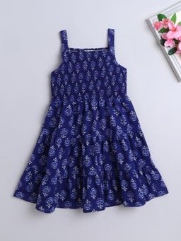 The Magic Wand - Strappy Butti Printed Smocked Cotton Dress-Blue
