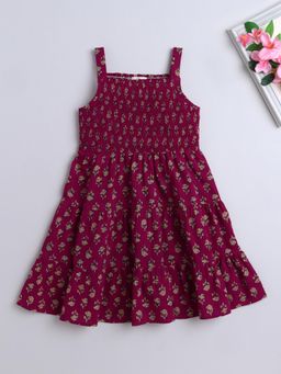 The Magic Wand - Strappy Butti Printed Smocked Cotton Dress-Wine