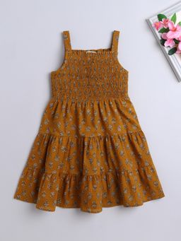 The Magic Wand - Strappy Butti Printed Smocked Cotton Dress-Mustard