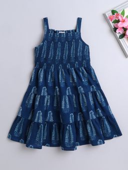 The Magic Wand - Strappy Big Butta Printed Smocked Cotton Dress-Indigo Blue