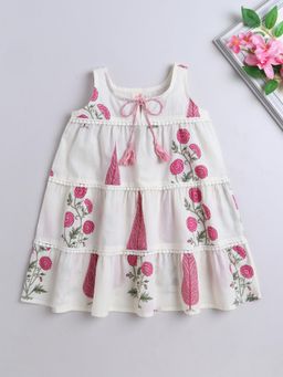 The Magic Wand - Cotton Floral Printed Sleeveless Tiered Dress - Pink