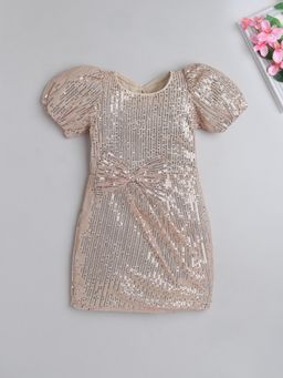 The Magic Wand - Half Sleeve Sequins & Bow Embellished Party Dress - Beige