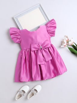 The Magic Wand - Puff Sleeve with Bow Applique Flared Party Dress - Pink