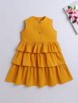 The Magic Wand - Sleeveless Solid Tiered Frill Cotton Dress- Mustard