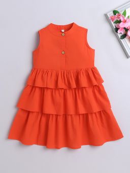 The Magic Wand - Sleeveless Solid Tiered Frill Cotton Dress- Orange