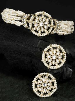 Karatcart - Gold Plated Floral Kundan White Pearl Choker Necklace Set for Women (Set of 2)