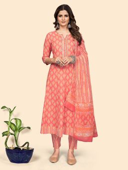 Vbuyz - Womens Print & Gota Patti Anarkali Coral Stitched Kurta Pants With Dupatta (Set of 3)