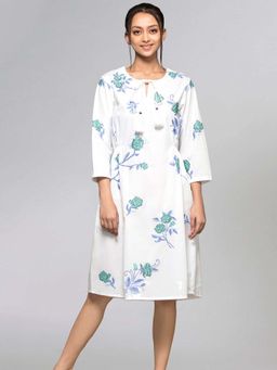 First Resort by Ramola Bachchan - Women Floral White Cross Stitch A-Line Dress