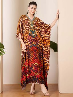 First Resort by Ramola Bachchan - Brown Scallop Animal Print Full Length Kaftan